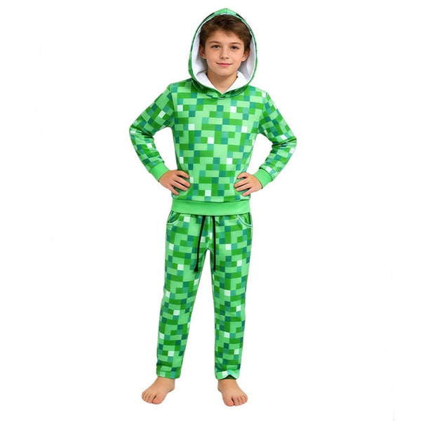 Child in Minecraft Creeper hoodie and pants costume – hood up