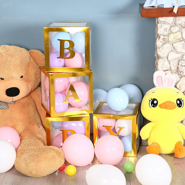 4Pcs/Set Balloon BABY Box Cube Clear Boxes Birthday Baby Shower Party Gift AU