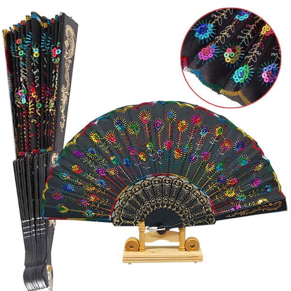 Peacock Hand Fan Sequin for Dance Pattern Wedding Embroidered Folding Party