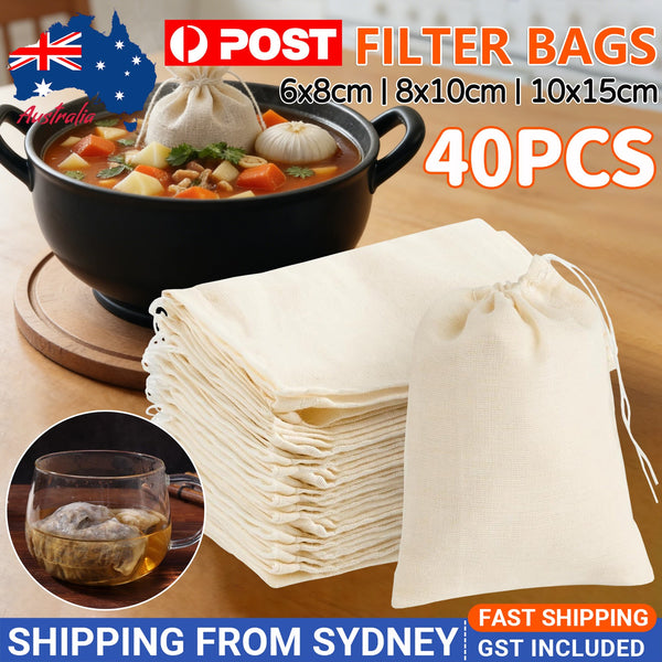 40PCS Reusable Cotton Muslin Filter Bags Spices Herbs Tea Soup Drawstring 3 Size