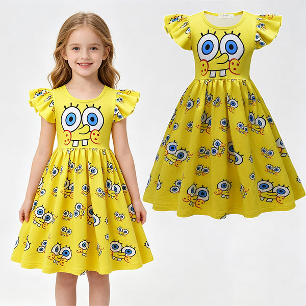 Girl wearing yellow SpongeBob costume dress with all-over character print