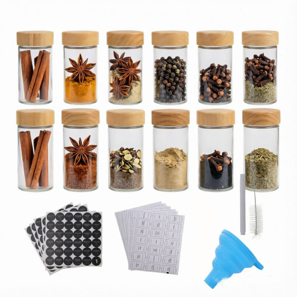 Glass Spice Jars 24 Pack – Airtight Bamboo Lid Spice Jar Set with Labels & Funnel