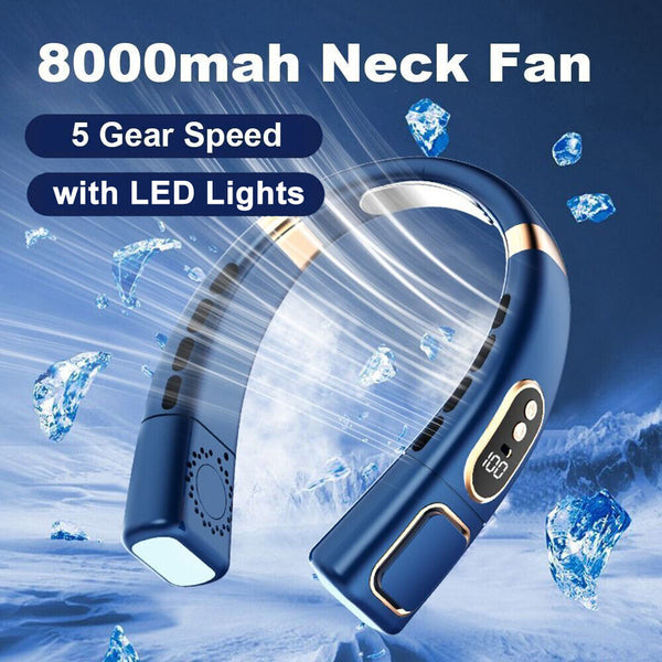 8000mAh Hanging Cooler with LED Lights Neck Fan Cooling Neckband Digital Display