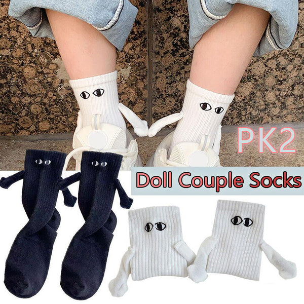 2 pairs Funny Magnetic Suction 3D Doll Couple Sock Holding Hand SockS for Couple