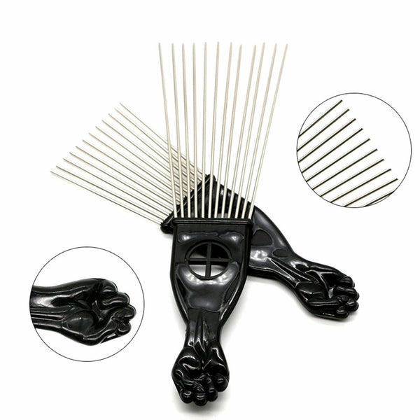 Black Detangle Metal Tooth Hair Comb Wig Afro Braid Pick Sector w/ Fist Handle A