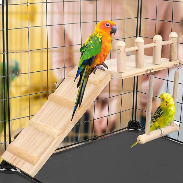 Bird Swing Toy Wooden Parrot Perch Stand Playstand Beads Cage Playground