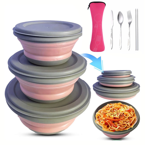 3PCS Collapsible Camping Bowl with Lid Foldable Soup Salad Ramen Bowl Set