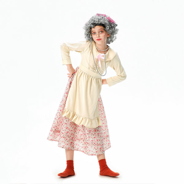 Kids old lady costume worn with grey curly wig and floral apron dress - Lets Party