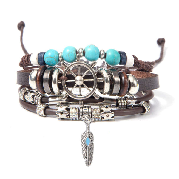 Turquoise Woven Leather Multi Layered Beaded Bracelet with Wood Beads for Women