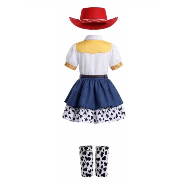 Jessie cowgirl costume complete set flat lay with hat and leg warmers