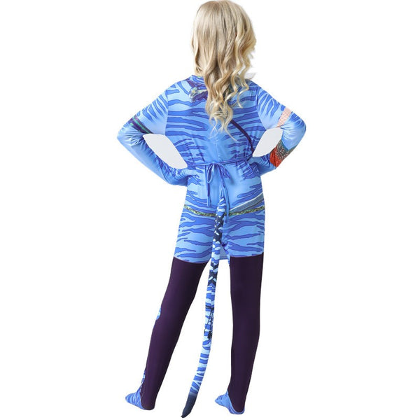 Side profile of kids Avatar Na'vi costume showing tail length and fit