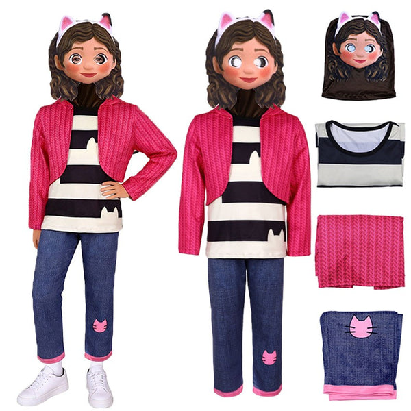 Gabby cat costume front view showing printed top pink jacket and trousers