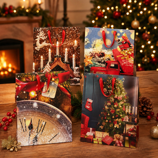 Small Christmas present bags by a fireplace