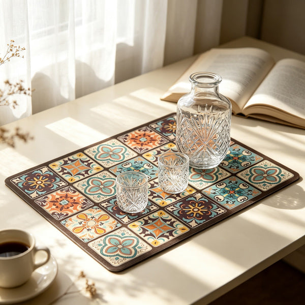 Dish Drying Mat with Glass Pitcher & Cup Set – Decorative Kitchen Draining Mat
