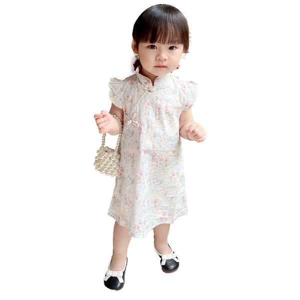 Summer Girls Cheongsam Dress | Stand Collar Flying Sleeve Rabbit Print Qipao