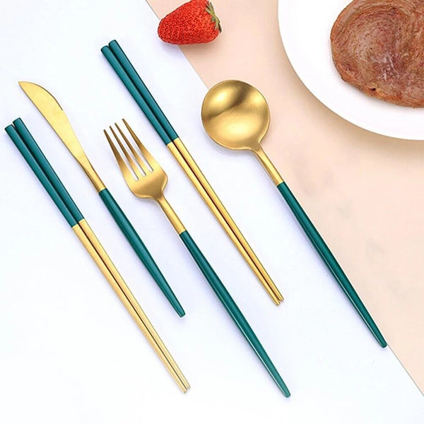 8pcs Cutlery Set Stainless Steel Spoon Fork Knife Chopsticks Kit Travel Gift