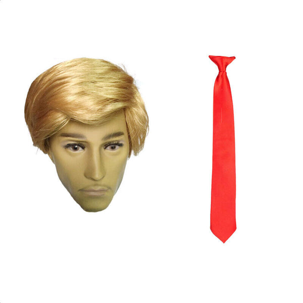 USA President Fancy Dress Costume Wig Red Tie Blonde Donald Trump Cosplay Adults