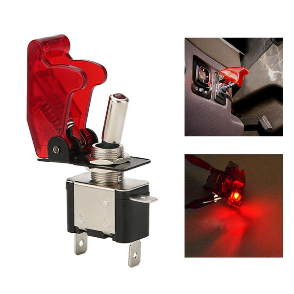 On/Off Toggle Switch RED LED Light w/ Missile Cover Heavy Duty SPST 12V/20A