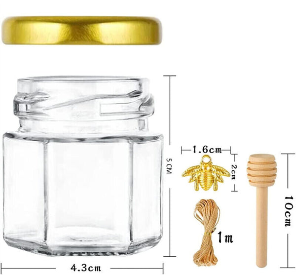 50Pack Hexagon Mini Glass Honey Jars with Wood Dipper Gold Lid Bee Pendants Rope