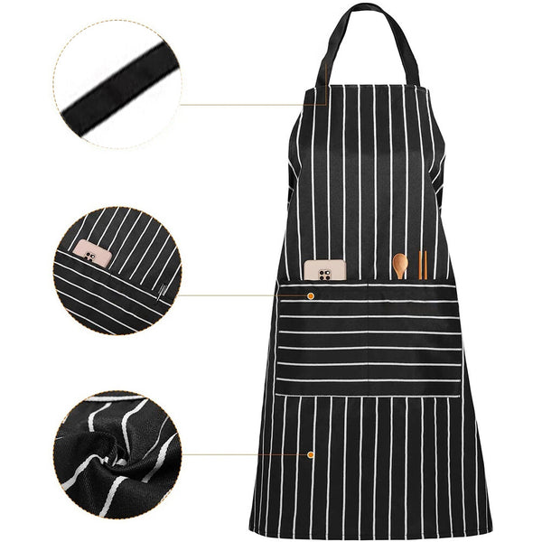 2pcs Black Striped Kitchen Aprons with Pockets | Washable Chef BBQ Cooking Aprons