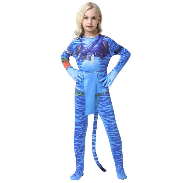 Detail of attached foot covers on the kids Avatar Na'vi costume bodysuit