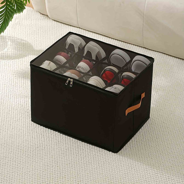 Foldable Fabric Shoe Storage Box with 12 Dividers | Black Closet Organizer