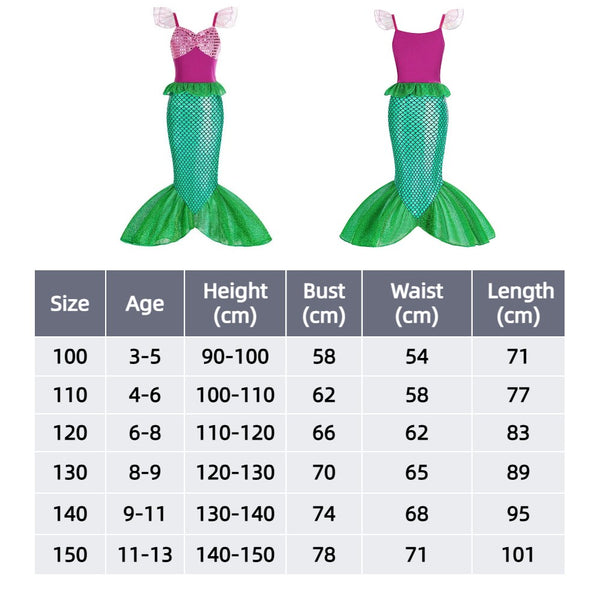 Little Mermaid Ariel dress only front and back with size chart