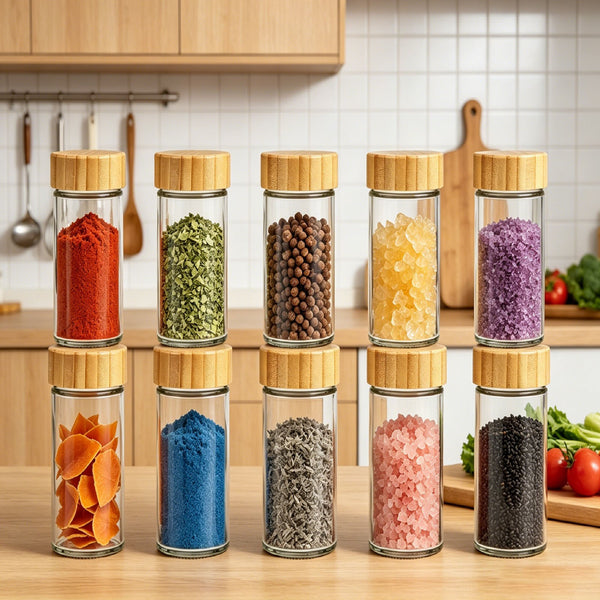 Glass Spice Jars 24 Pack – Airtight Bamboo Lid Spice Jar Set with Labels & Funnel