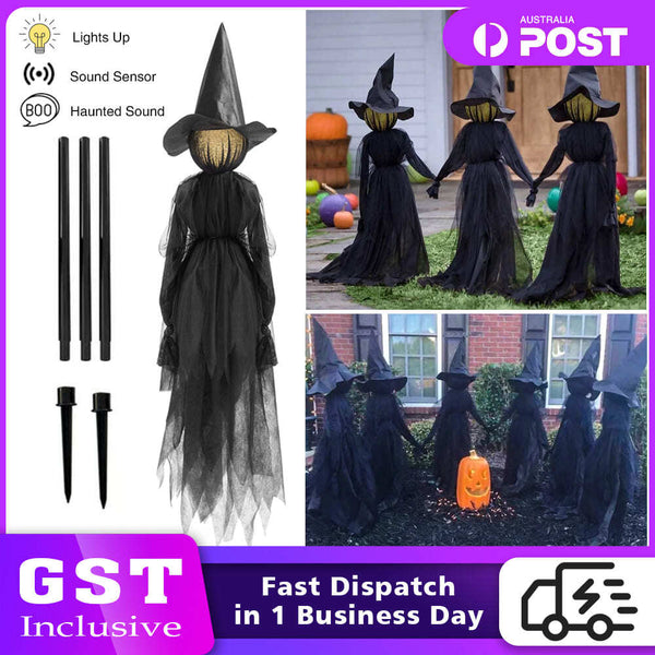 Halloween light-up witches holding hands, outdoor garden props