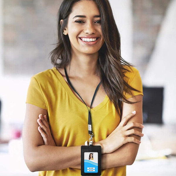 Leather ID Badge Lanyard Holder Vertical Double Card Wallet PU Office Bus Card