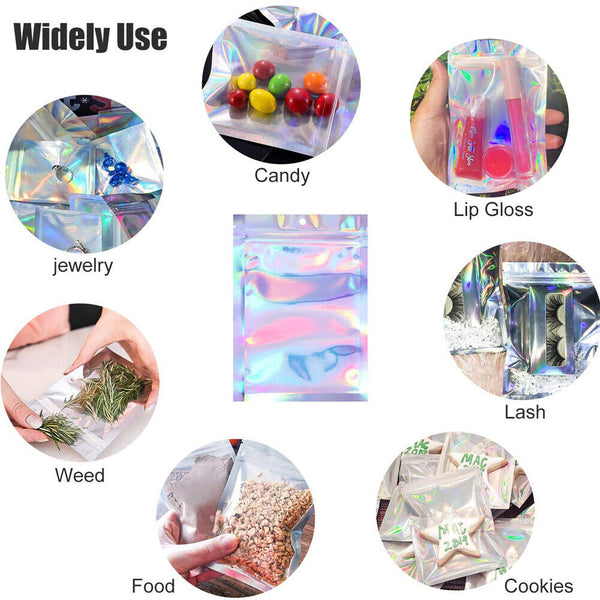 100PCS Foil Packaging Bags Zipper Seal Storage Pouch Holographic Rainbow Colour
