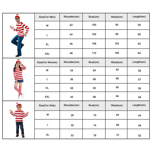 Women Men Kids Wheres Wally T-shirt Glasses Hat Socks Christmas Costume Cosplay