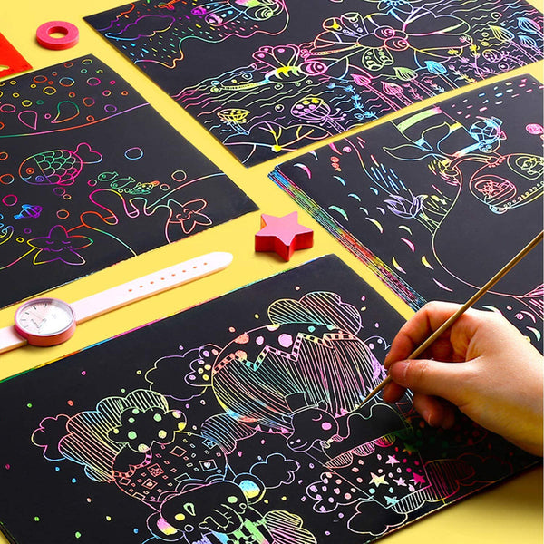 Magic Scratch Paper Art Set Rainbow Drawing Sheets with Wooden Pens