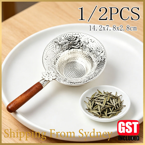 Silver-Plated Tea Strainer Wooden Handle Fine Mesh Loose Leaf Tea Filter