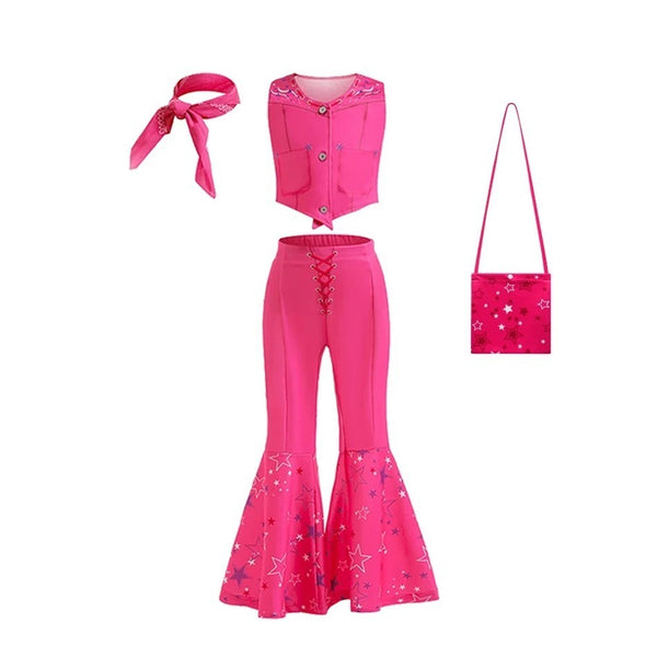 Barbie cowgirl costume with pink top, pants, scarf and bag