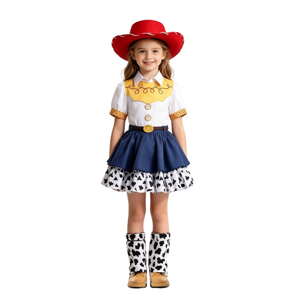 Girl wearing the full Jessie cowgirl costume with hat and boots