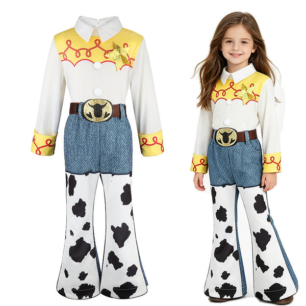 Toy Story Jessie costume for kids - cowgirl outfit flat lay with girl wearing it - Lets Party