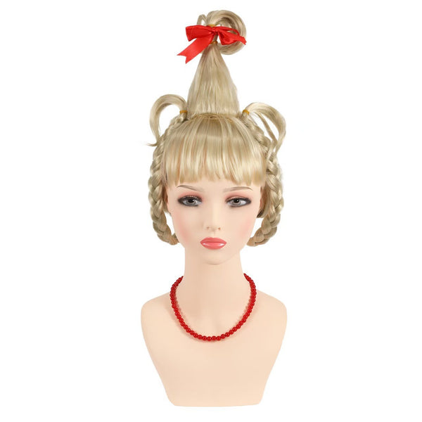 Cindy Lou Who Grinch costume shown with red bow hair accessory and necklace