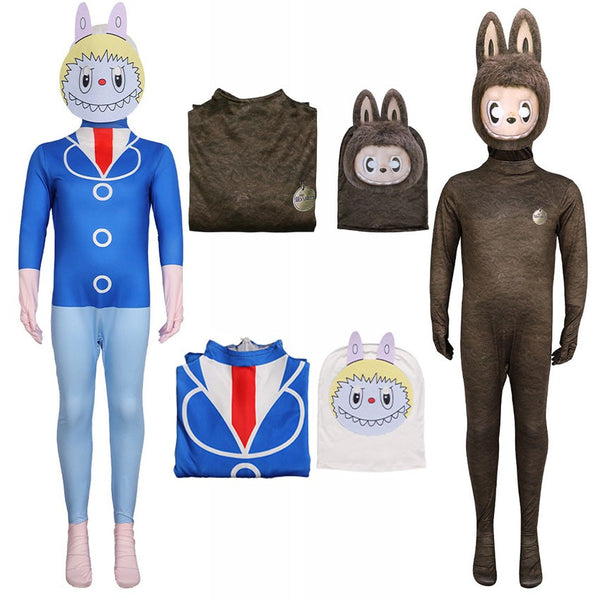 Labubu costume kids Pop Mart jumpsuit and hood mask set – brown and blue