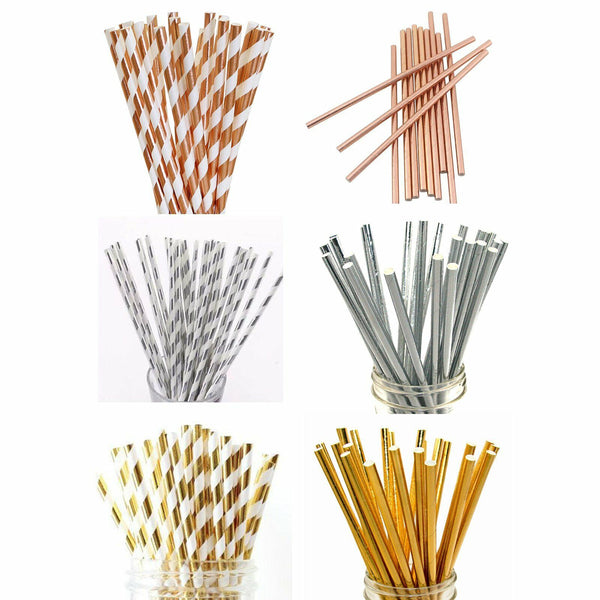 50pcs Foil Paper Straws Metallic Wedding Birthday Party Tableware Biodegradable