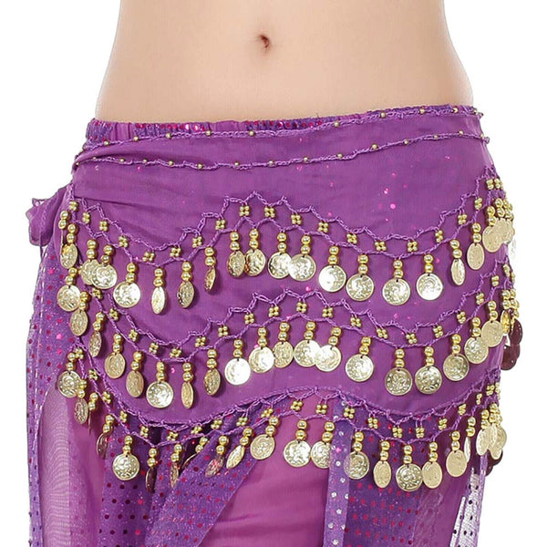 3Rows Belly Dance Dancing Hip Scarf Belt Chain Skirt Golden Tone 98 Coin Bead AU