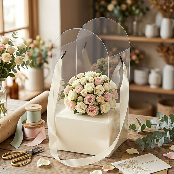 10PCS Clear Flower Gift Boxes Carry Handle Bouquet Packaging Boxes Pink White Beige