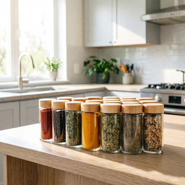 Glass Spice Jars 24 Pack – Airtight Bamboo Lid Spice Jar Set with Labels & Funnel