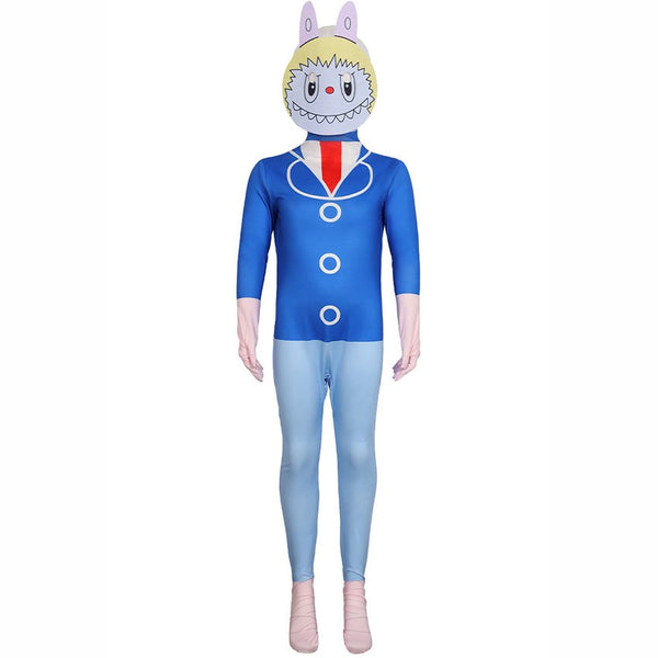 Child wearing blue Labubu jumpsuit costume front – Pop Mart