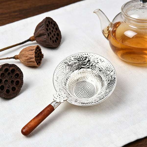 Silver-Plated Tea Strainer Wooden Handle Fine Mesh Loose Leaf Tea Filter