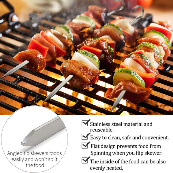 100 Metal BBQ Flat Skewers Stainless Steel Barbecue Grill Kebab Stick NeedleTool
