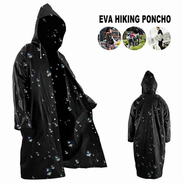 Waterproof EVA Raincoat Long Hooded Rain Jacket Unisex Outdoor Rainwear Black