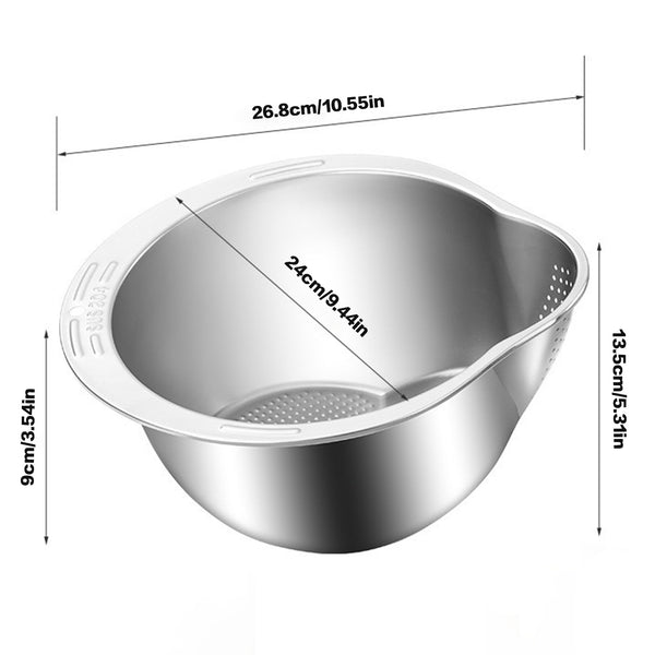 3PCS Stainless Steel Rice Washing Bowl 4-in-1 Colander Strainer