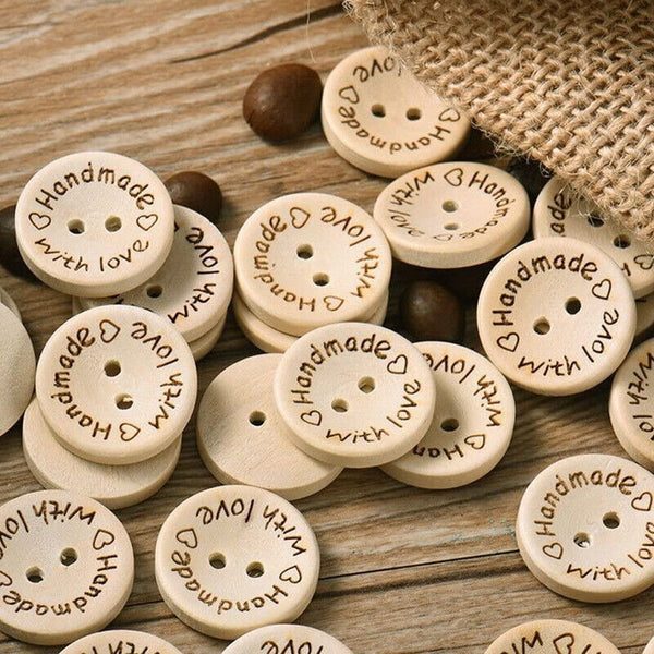 100PCS Natural Wooden Button Craft Sewing DIY Handmade With Love Wooden Buttons