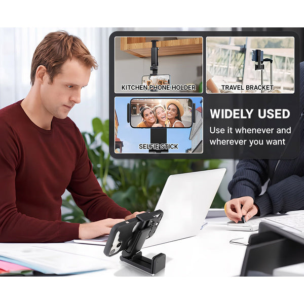 Universal Adjustable Phone Stand Holder | 360° Rotating Travel Desk & Clip Mount